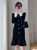 Casual Dresses Women Plus Size Sexy Club Elegant Black White Patchwork Long Sleeve Korean Doll Neck Party Knit Dress 2023 Autumn Button