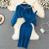 Arbetsklänningar Autumn Winter Knit Dress Set Women Fashion Pearl Sweaters och MIDI Outfit 2023 Elegant Long Sleeve Sweater Tvådelat Set