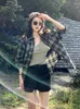Women's Blouses Green Plaid Shirts Women Blouse Spring Summer 2023 Vintage Loose Button Up Shirt Coat Casual Long Sleeve Tops Y2k Clothes