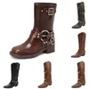 Damen-Kniestiefel, Designer-Halbstiefel, Braun, Schwarz, Khaki, für drinnen und draußen, Herbst- und Winterstil, Nieten-Lederstiefeletten, EUR 36–40