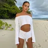 Kadınların Takipleri Yaz Sonbahar Y2K INS Uzun Kollu Mahsul Üst Şort Takip Örgü Örme İki Parçalı Set Tatil Kıyafetleri