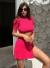 Work Dresses BOOFEENAA 2 Piece Set Women Outfit Knitted Sweater Dress Short Sleeve Crop Top And Button Slit Mini Skirt Matching Sets