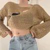 Suéteres femininos recortados camisola de malha mulheres pullovers 2023 sexy y2k coreano estética oversized verão crochê top manga longa streetwear