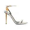 Senaste hänglåset Empelled Stiletto Sand 105mm Metallic Leather Ankle-strap smala band klackar Evening Pointed Shoes Top Quality Womens Heeled Designers Shoe