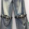 Women's Jeans 2023 Autumn Retro Distressed Boot Cut For Women High Waist Belt Spliced Design Fashion Casual Pants Y4235