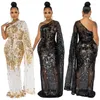 MagnificentCasual Woman Dress Brodery Sequin Mesh Women Sexig One Shoulder Full Sleeve Floor Length Party Gown Female Long Robe S-3XL HKD230912