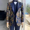 Jacquard Floral Tuxedo Suits for Men Wedding Slim Fit Navy Blue and Gold Gentleman Jacket with Vest Pant 3 Piece Male Costume 2208199r