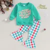 Kläderuppsättningar 0-3Y Baby Girls Christmas Outfits Smittbarnsbrevtryck Långärmad tröjor Plaid Plaid Flare Pant Set Kids Autumn Clothes 230912