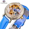 ForSining Fashion Blue Lady Diamond Gold Flower Movement Transparent Small Lady Women Mechanical Skeleton Watch Top Brand Luxury271y