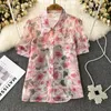 Kvinnors blusar Runway Summer Puff Short Sleeve Slå ner kragen Single Breasted Chiffon Shirt Clothing Print Casual Loose Blouse