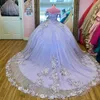 Lavendelfarbenes Quinceanera-Kleid mit V-Ausschnitt, Ballkleid mit Perlenapplikationen, Spitze, schulterfrei, süßes 16-Kleid mit Schnürung, Vestidos De 15 Anos