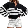 Женские свитера 2024, зимние модные повседневные пуловеры с длинными рукавами, вязаные топы, облегающий свитер с лацканами, поступление, v-образный вырез, в полоску