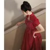 Ethnic Clothing Burgundy Wedding Brid Dress Mesh Lace Qipao Improved Chinese Style Dresses Women Elegant Vestidos Luxury Hollow Out