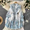 Magnificentwomen Casual New Fashion Spring Autumn Court Retro Printing Chic V-Neck Single Breasted A-Line kort klänning Elegant Vestidos 2023 Ny HKD230912