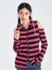 Women's Hoodies Women S Stripe Print Hoodie Pullover Cold Shoulder Long Sleeve Zipper Closure Sweatshirt Slim Coat With Ear