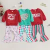 Kläderuppsättningar 0-3Y Baby Girls Christmas Outfits Smittbarnsbrevtryck Långärmad tröjor Plaid Plaid Flare Pant Set Kids Autumn Clothes 230912