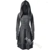 Casual Dresses Women Solid Soe Up Hooded Vintage Dress Ladies Halloween Costumes Punk Gothic Low Bandage Long Cloak Vestidos