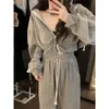 Sweats à capuche pour femmes Style paresseux gris pull à capuche veste fermeture éclair américain décontracté haut court ample dames taille élastique pantalon ensemble deux pièces