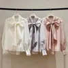 Women's Blouses Kuzuwata Japan Lantern Sleeve Slim Blusa Feminina Large Bow Collar Solid Color Camisa 2023 Spring Yarn Trendy Exquisite