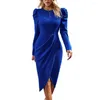 Casual Kleider Party Prom Kleid Frauen Asymmetrischem Saum Langarm Plissee Slim Fit Hohe Enge Taille Einfarbig Dame Vestidos para Mujer