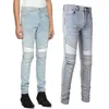 Men Broken Track Moto Biker Jeans Plus Size 40 Knee Zip Ribbed Distressed Fading Denim Male