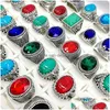 Bandringen Nieuwe 30 stks / pak Turquoise Bandringen Heren Dames Mode-sieraden Antiek Sier Vintage Natuursteen Ring Feestgeschenken Drop De Dhvsh