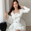 Work Dresses Fashion Korean Style Sexy Street Clothes Women Vintage Double Breasted Short Coat Jacket Pleated Mini Skirt Female 2 Pieces Set