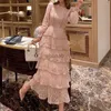 MagnificentPink dentelle broderie Maxi robe femme printemps hiver manches longues taille haute volants élégant longue fête femme 2020 LJ201114 HKD230912