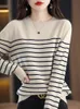Aliselect mode 100% laine mérinos haut femmes tricoté pull col rond à manches longues pull printemps automne vêtements rayé tricots