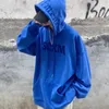 Sweat à capuche épais pour femme, vêtement d'hiver épais avec lettres noires et bleues imprimées, ample, pour étudiants, Kpop, Hip Hop, voyage, Cool, assorti avec tout, 2023