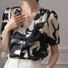 Kvinnors blusar Summer V-Neck Puff Sleeve Loose Clothes Vintage Print Blue Mulberry Silk Topps French Style Short Shirt Women 28024