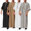 Ethnic Clothing Solid Color V Neck Muslim Men Jubba Thobe Retro Button Kimono Half Sleeve Robe Saudi Musulman Shirt Islamic Arabic Kaftan