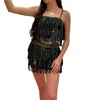 Tweedelige jurk dames 2 stuks outfitsets mouwloze pailletten sling crop top kwastje minirok met riem party clubwear