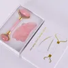 Rouleau de jade en cristal rose naturel double tête rouleau de massage en quartz rose véritable masseur facial en pierre ensemble d'outils Guasha avec boîte J19062287a