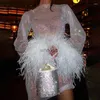 Street Style Dresses Casual Dresses Sexy Mesh Feathers Tassel Mini Dress Pink Shinny Sequins Long Sleeve Rhinestones Women Club Party 2022 Lady Outfit HKD230912
