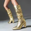 Boots Gold Silver Fashion Women Knee High Flash Pu Leather Square Heel Pleated Autumn Winter Ladies Shoes 230911