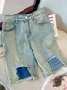 Damen-Jeans, Sommer, zerrissenes Loch, Patchwork, Damen, lässig, Vintage, locker, mittelhoher Bund, Distressed, einfach, gemütlich, Denim, gerade, halblange Hose