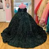 Blackish Green Shiny Sweetheart Quinceanera Dresses Off Shoulder Sequined Beads Chapel Train Corset Prom vestido de15 anos