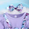 Barboteuses CitgeeAutumn Infant Girl Body Robe Imprimer Rib Knit Jupe à manches longues Hem Purple Combinaisons Vêtements d'automne avec bandeau