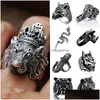 Cluster Rings Fashion 20/30/50/100Pcs Animal Head Ring Gothic Style Punk Tough Guy Vintage Mix Metal Band Fit Men And Women Jewelry Gi Dhoic