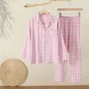 Damen-Nachtwäsche WIKISSPJS 2023 Frühling Herbst Twill Pyjamas Anzug Plaid Housewear für Frauen Zweiteiliges Set Sommer