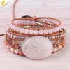 Bangle Csja Tree of Life Women Jewelry Natural Pink Quartz Crystal Stone Charms Armband läder flätade ädelstenar pärlor wrap armband s349 230911