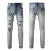 Jeans da motociclista da moto Broken Track da uomo Plus Size 40 con zip al ginocchio a costine in denim sbiadito effetto invecchiato Male313r