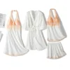 Women's Sleepwear Satin Lace Robe Goen Suit Sexy Womens V-Neck Cami Nighties 4PC Wear Home Nightwear Backless Lingerie Spring Lady