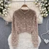 Damesblouses Dames Elegante pluizige gebreide trui met lange mouwen Vintage O-hals Top Koreaanse mode crop-sweater