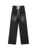 Kvinnors jeans hög midja för kvinnor gotiska denim byxor knapp bred ben y2k svart chic spets upp 2023 streetwear raka byxor