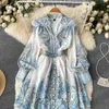 Magnificentwomen Casual New Fashion Spring Autumn Court Retro Printing Chic V-Neck Single Breasted A-Line kort klänning Elegant Vestidos 2023 Ny HKD230912