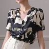 Kvinnors blusar Summer V-Neck Puff Sleeve Loose Clothes Vintage Print Blue Mulberry Silk Topps French Style Short Shirt Women 28024