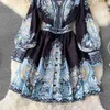 Magnificentwomen Casual New Fashion Spring Autumn Court Retro Printing Chic V-Neck Single Breasted A-Line kort klänning Elegant Vestidos 2023 Ny HKD230912