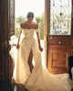 Elegant Plus Size A Line Wedding Dresses for Women Off Shoulder Short Sleeves Draped Pleats Court Train High Side Split Bridal Gowns Custom Made